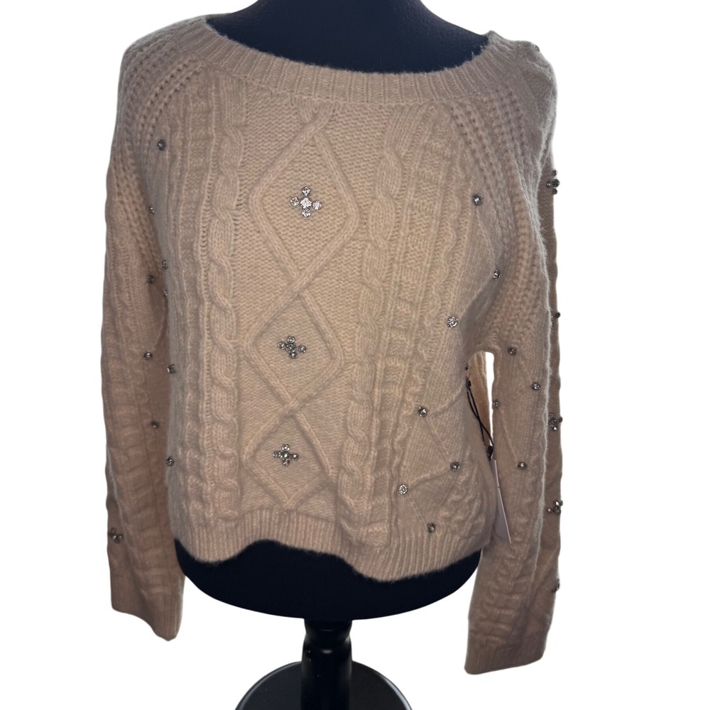 ASTR‎ The Label Cream Cable Knit Crystal Embellished Sweater Size L